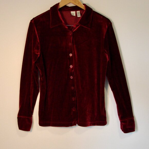 Gap Velvet Shirt Button Up Holiday Party Burgundy Wine Loose Size Large - Picture 2 of 12